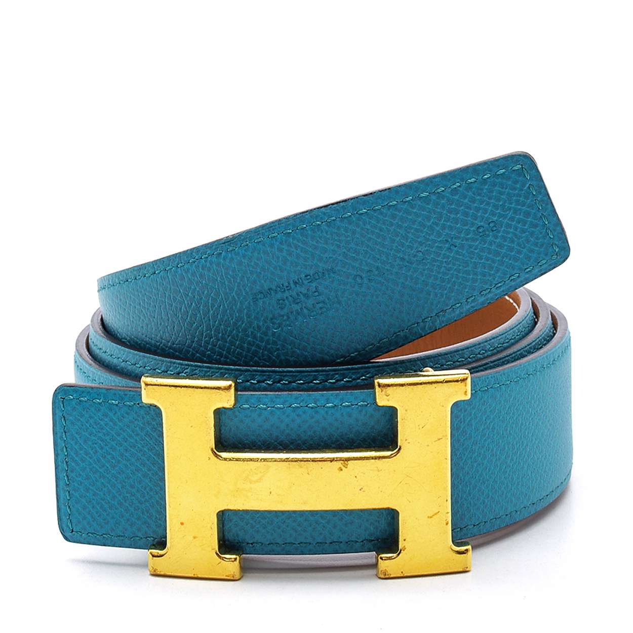 Hermes - Turchese H Gold Buckle Calfskin Leather Belt